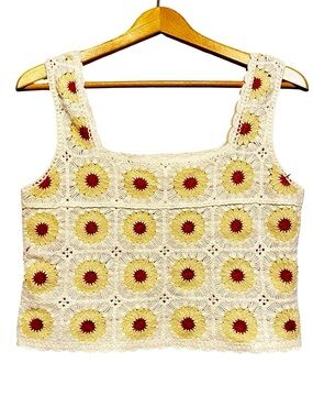 Rebellion Yellow White Granny Square Crochet Sunflower Crop Top Tank Medium